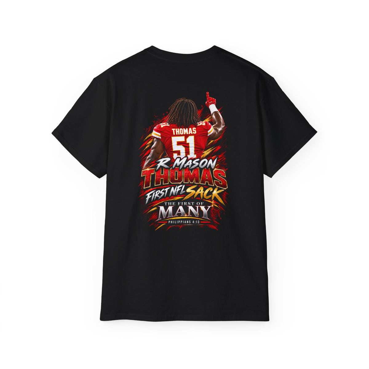 R  Mason Thomas #51 First NFL Sack Football T-Shirt (Women)
