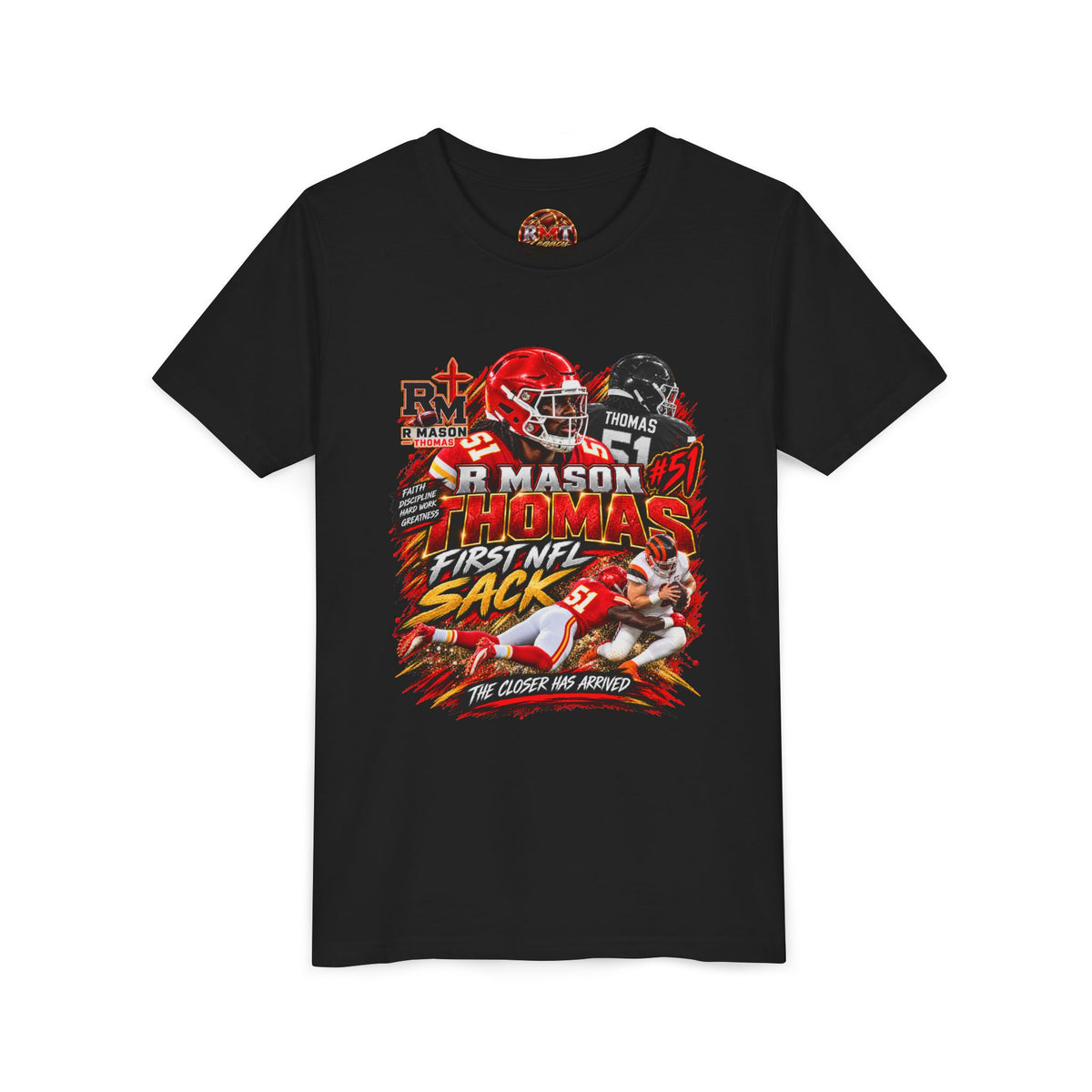 R Mason Thomas First NFL Sack Football Graphic Youth Tee