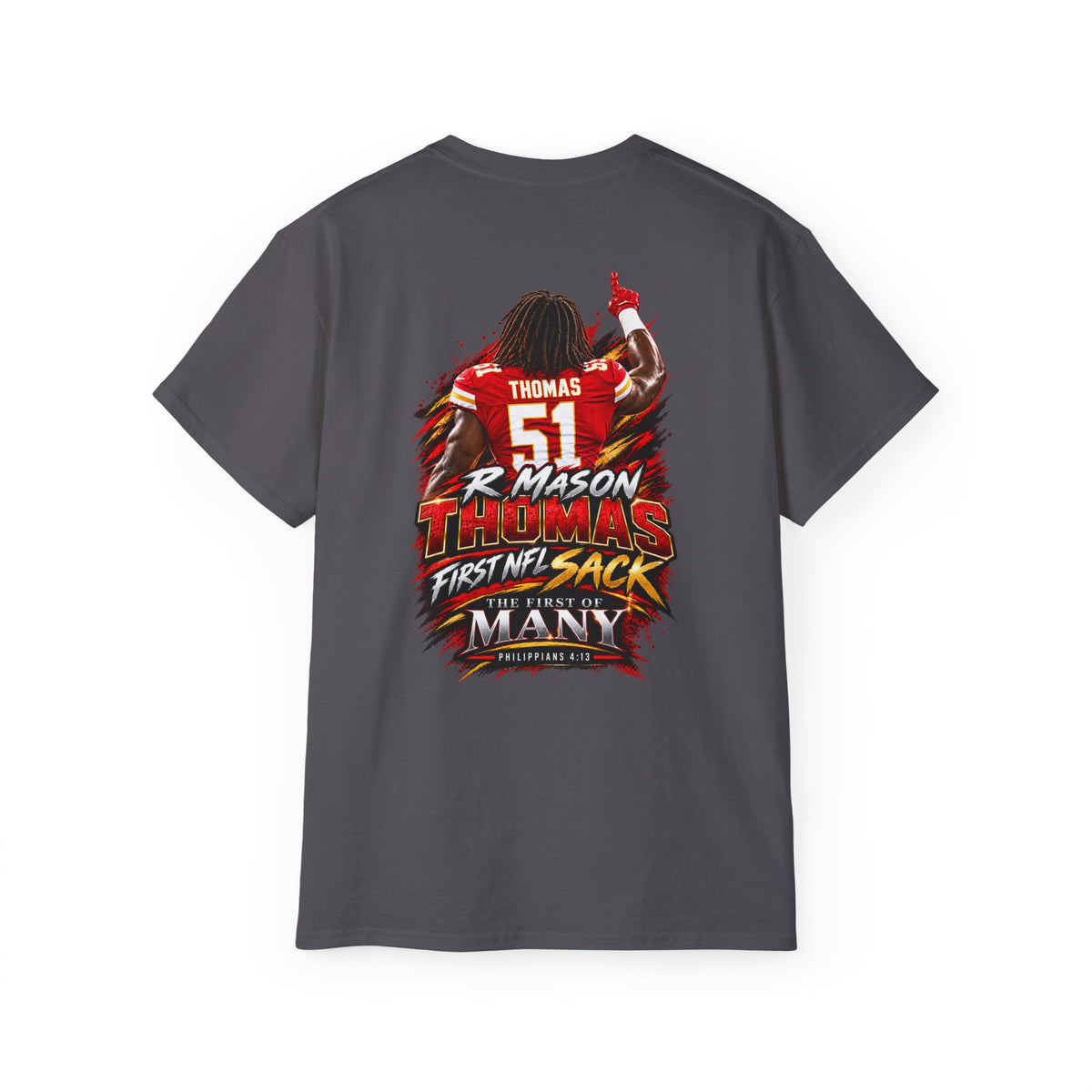 R  Mason Thomas #51 First NFL Sack Football T-Shirt (Women)