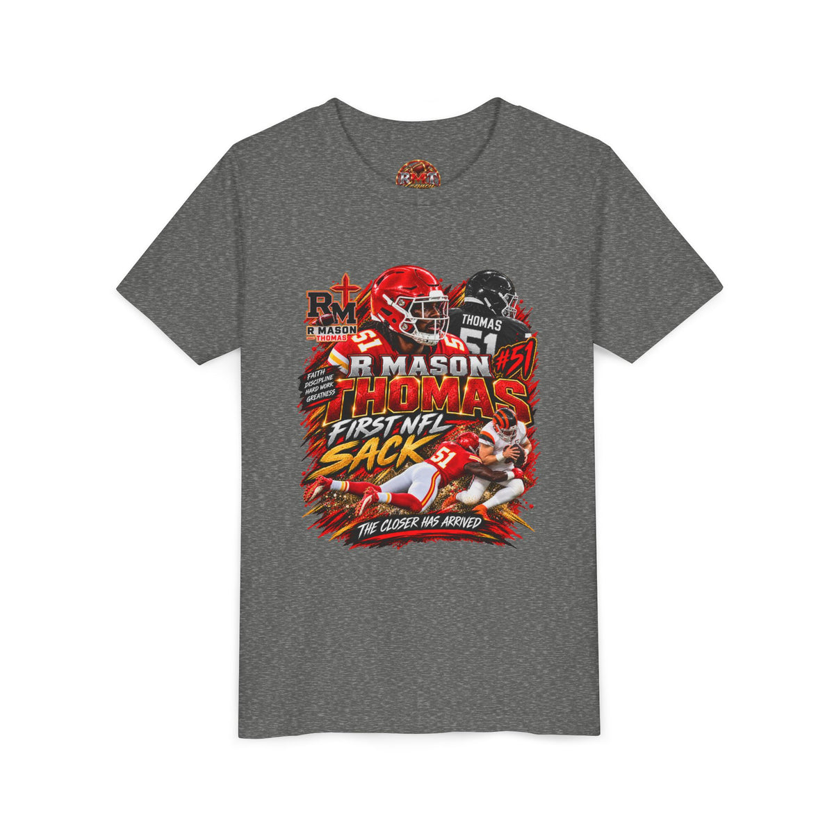 R Mason Thomas First NFL Sack Football Graphic Youth Tee