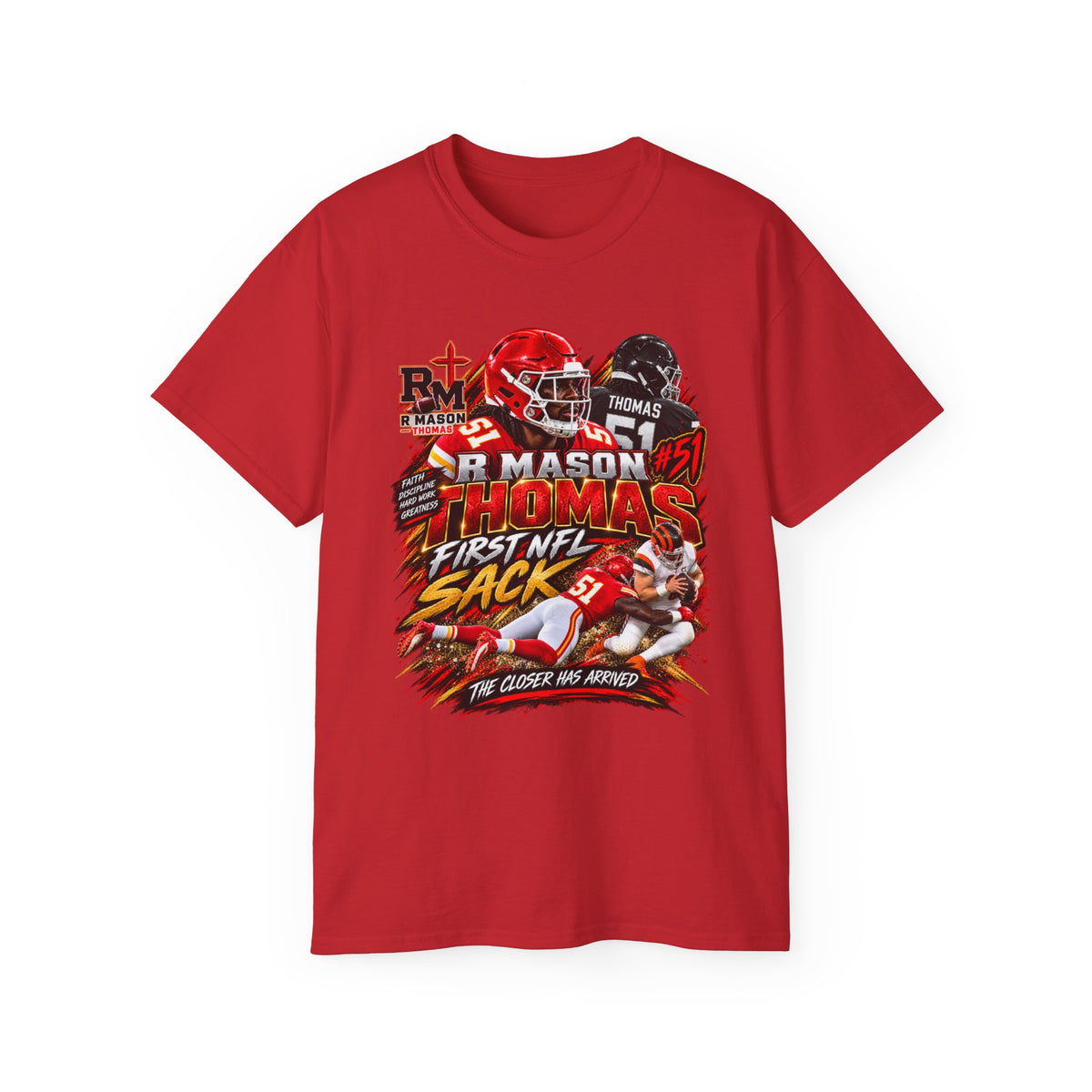 R  Mason Thomas #51 First NFL Sack Football T-Shirt (Women)